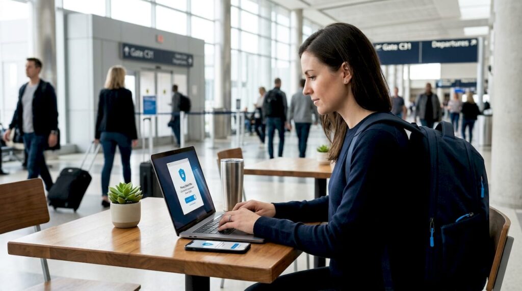 Traveler in airport using VPN on multiple devices