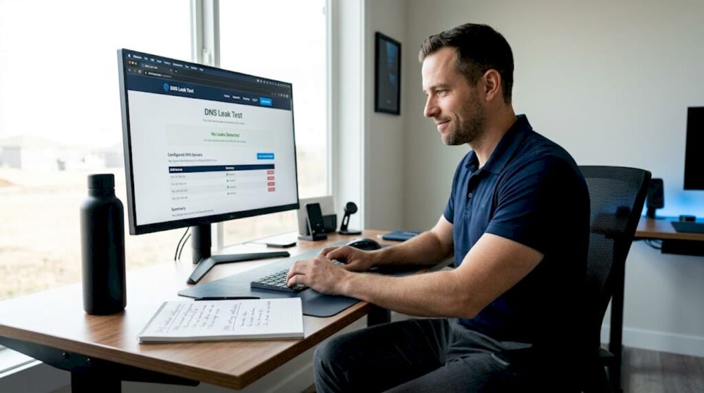 Engineer reviewing DNS leak test results